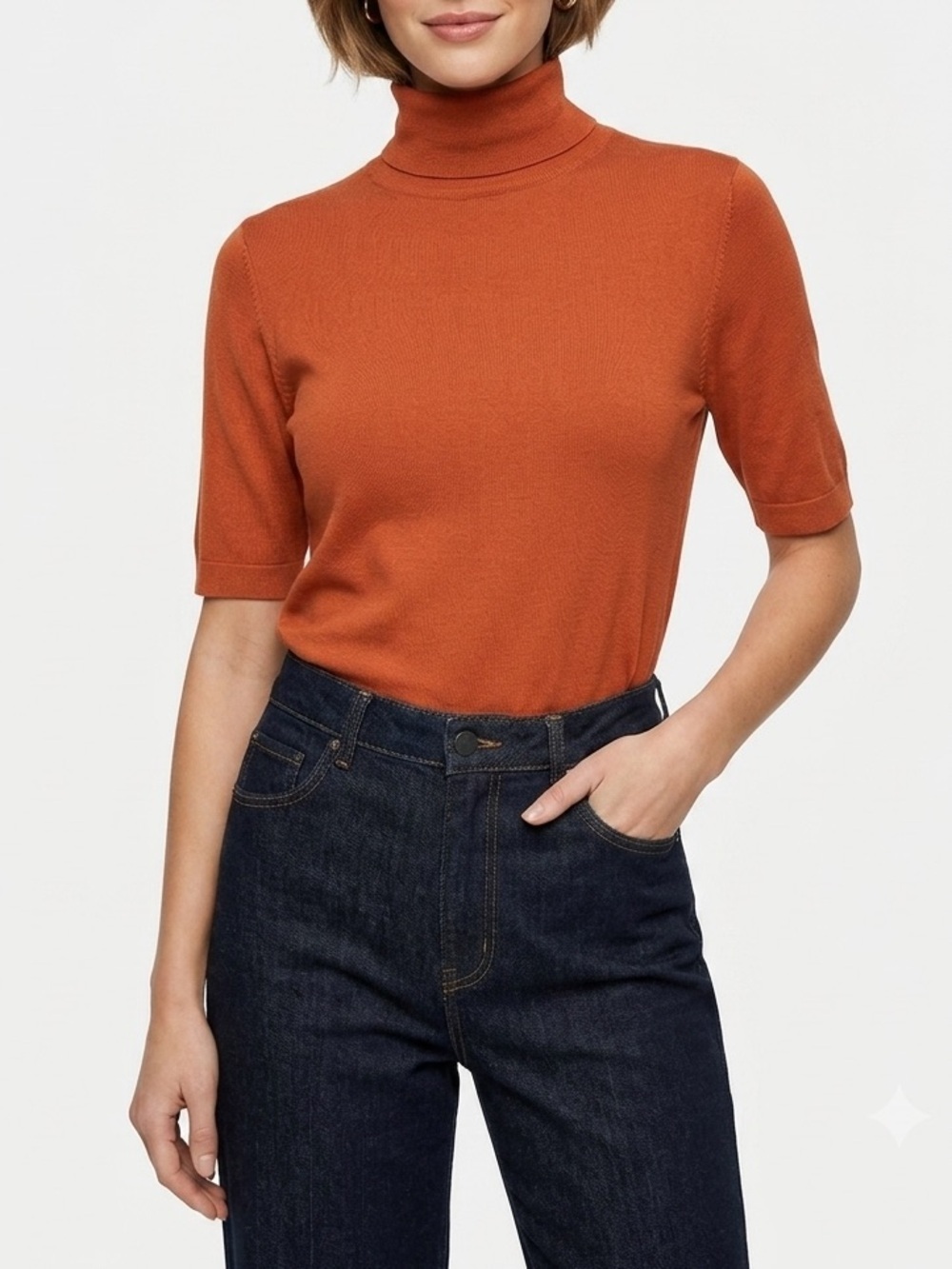 NWT Statement Virgin Wool Short Sleeve Turtleneck Sweater Burnt Orange Sz L